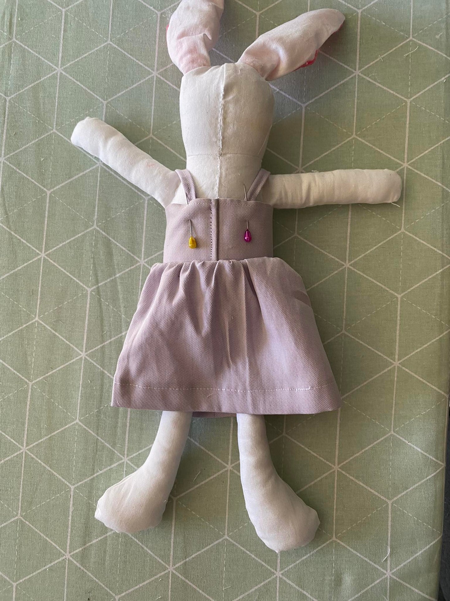 Bunny sewing pattern wearing recycled shirt dress
