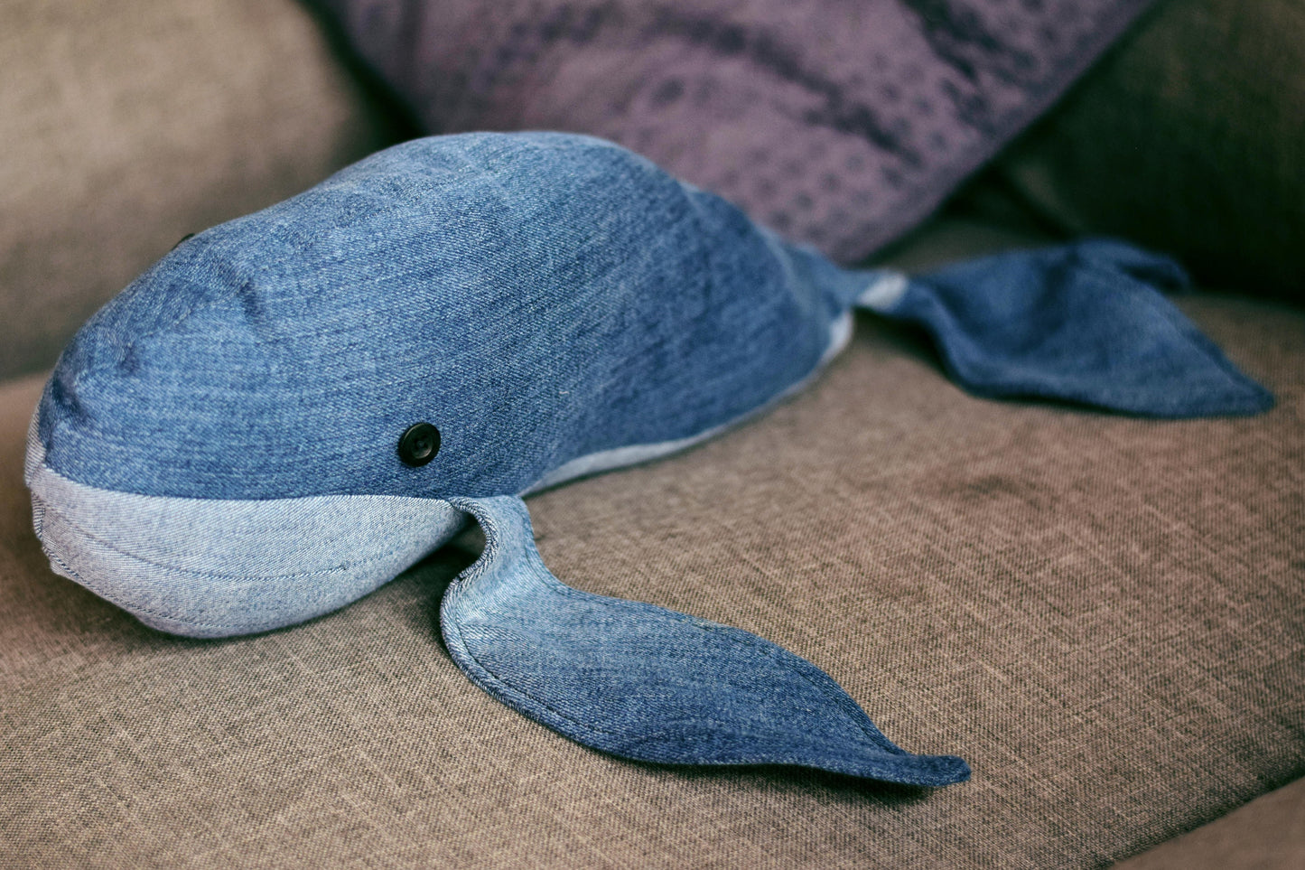 Recycled denim whale Plushie toy.